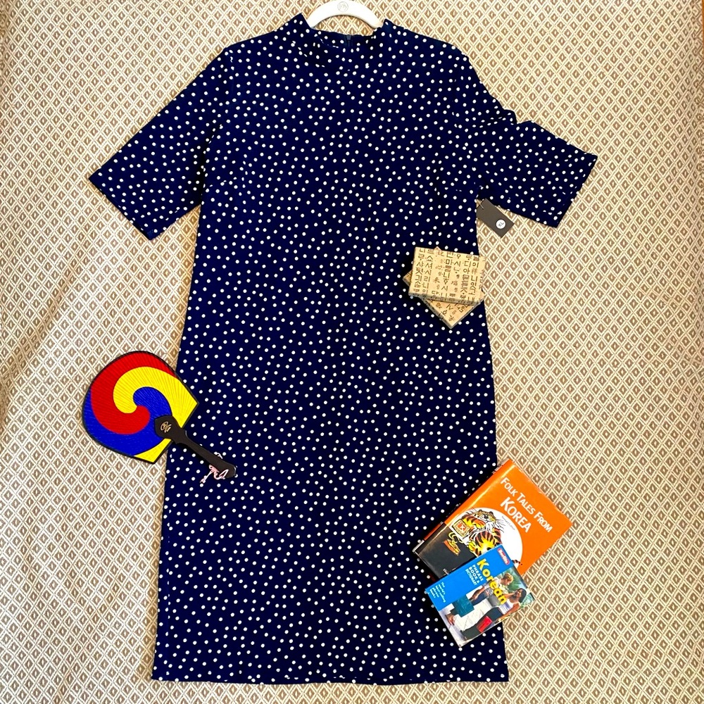 Navy Blue Polka Dot Turtleneck Wiggle Dress - Size XL